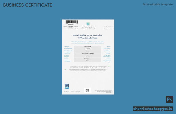 Saudi-Arabien Mehrwertsteuer-Registrierungsbescheinigung (Word und PDF), Version 3 – Beispielvorschau
